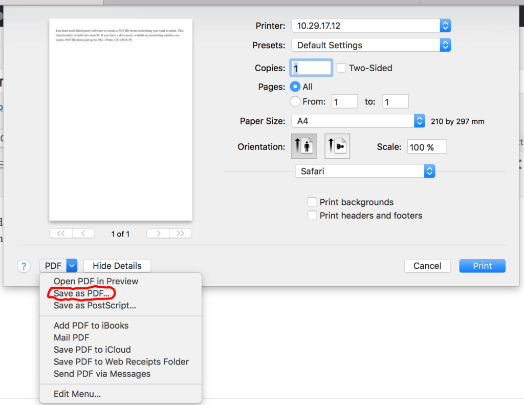 Save as PDF on a Mac